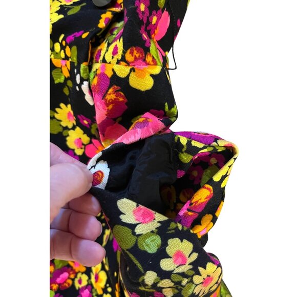 VTG 70’s Les Wilk Wilke 6/8 10 Dress A Line Midi Sundress Black Floral Yellow - Picture 5 of 13